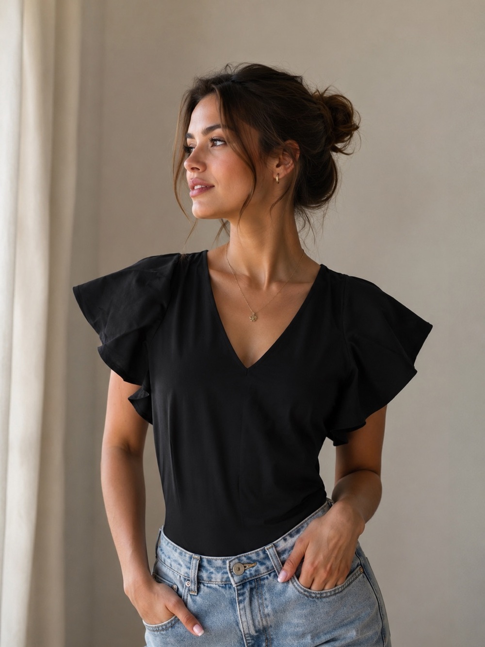 Express Black Bodysuit XL | Deep V-Neck Front & Back | Ruffle Sleeve Stretch Top